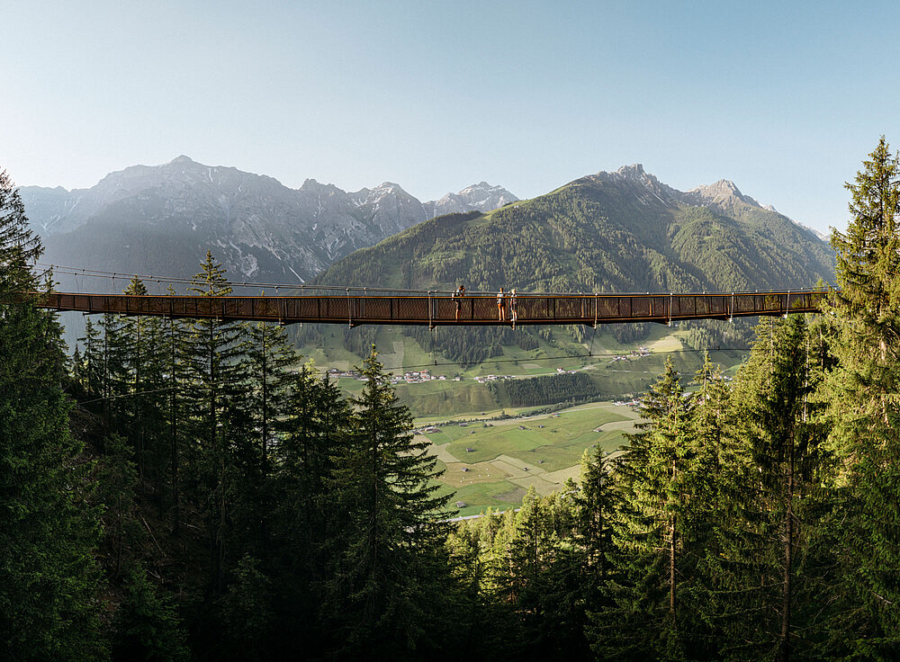 Eine lange Hängebrücke überspannt einen Wald mit Bergen im Hintergrund unter einem klaren Himmel.