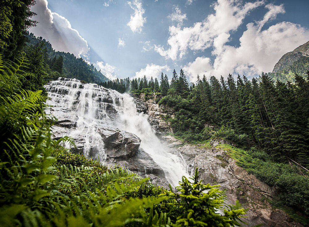 Unter einem teilweise bewölkten Himmel fließt ein Wasserfall über Felsen, umgeben von üppigen grünen Farnen und Kiefern.